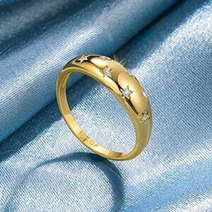 18k Gold Plated Croissant Braided Twisted Signet Chunky Dome Ring Stacking Star